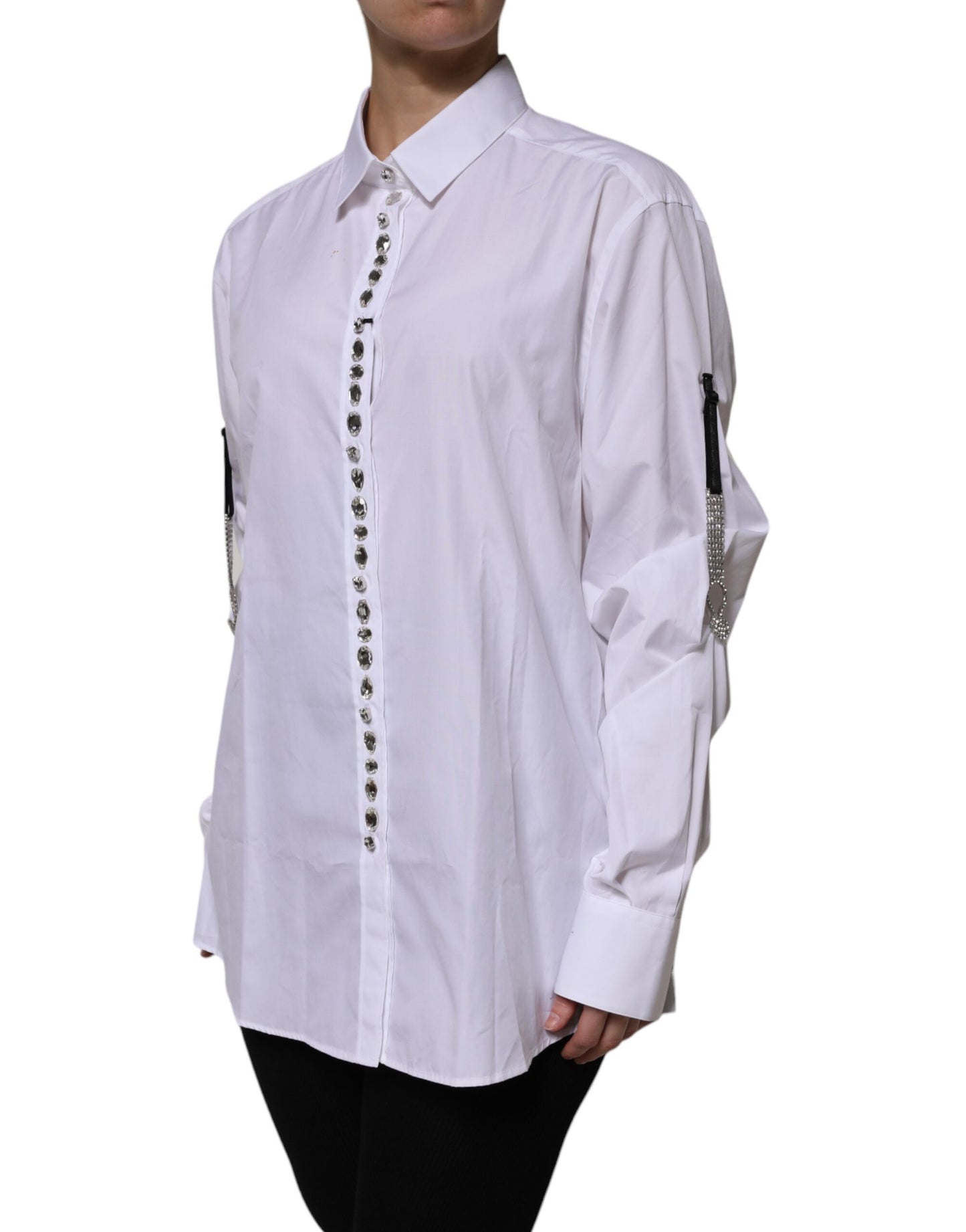 Dolce & Gabbana White Rhinestone Embellish Long Sleeves Top by Dolce & Gabbana