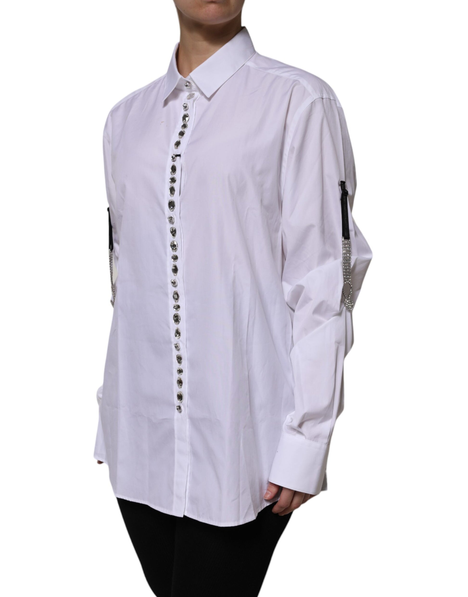 Dolce & Gabbana White Rhinestone Embellish Long Sleeves Top by Dolce & Gabbana