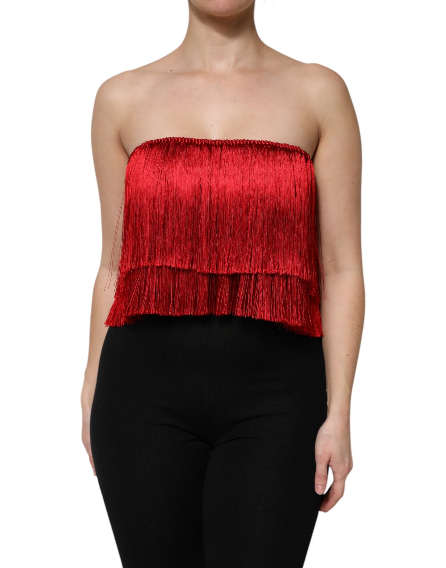 Dolce & Gabbana Red Silk Strapless Fringe Crop Tube Top by Dolce & Gabbana