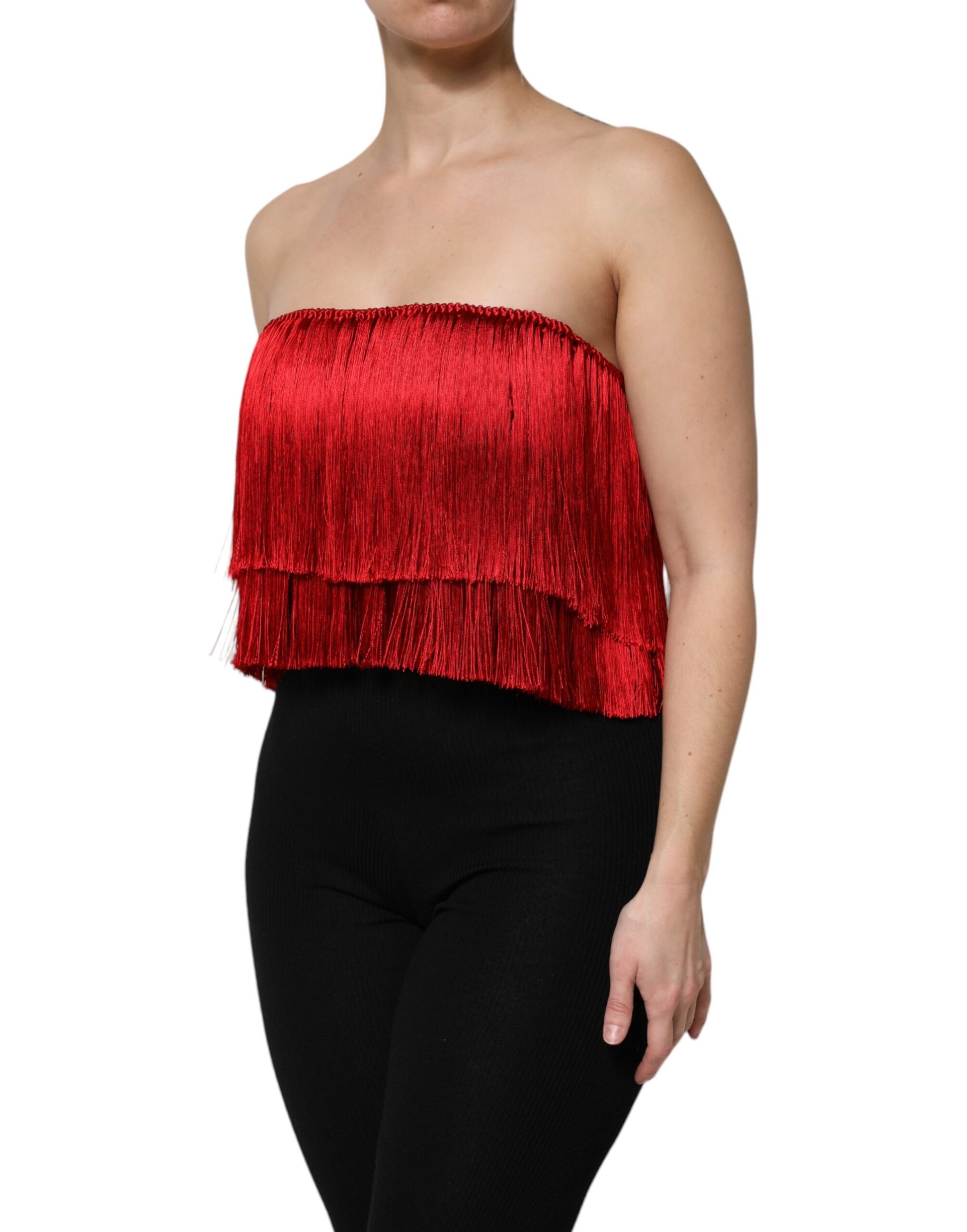 Dolce & Gabbana Red Silk Strapless Fringe Crop Tube Top by Dolce & Gabbana