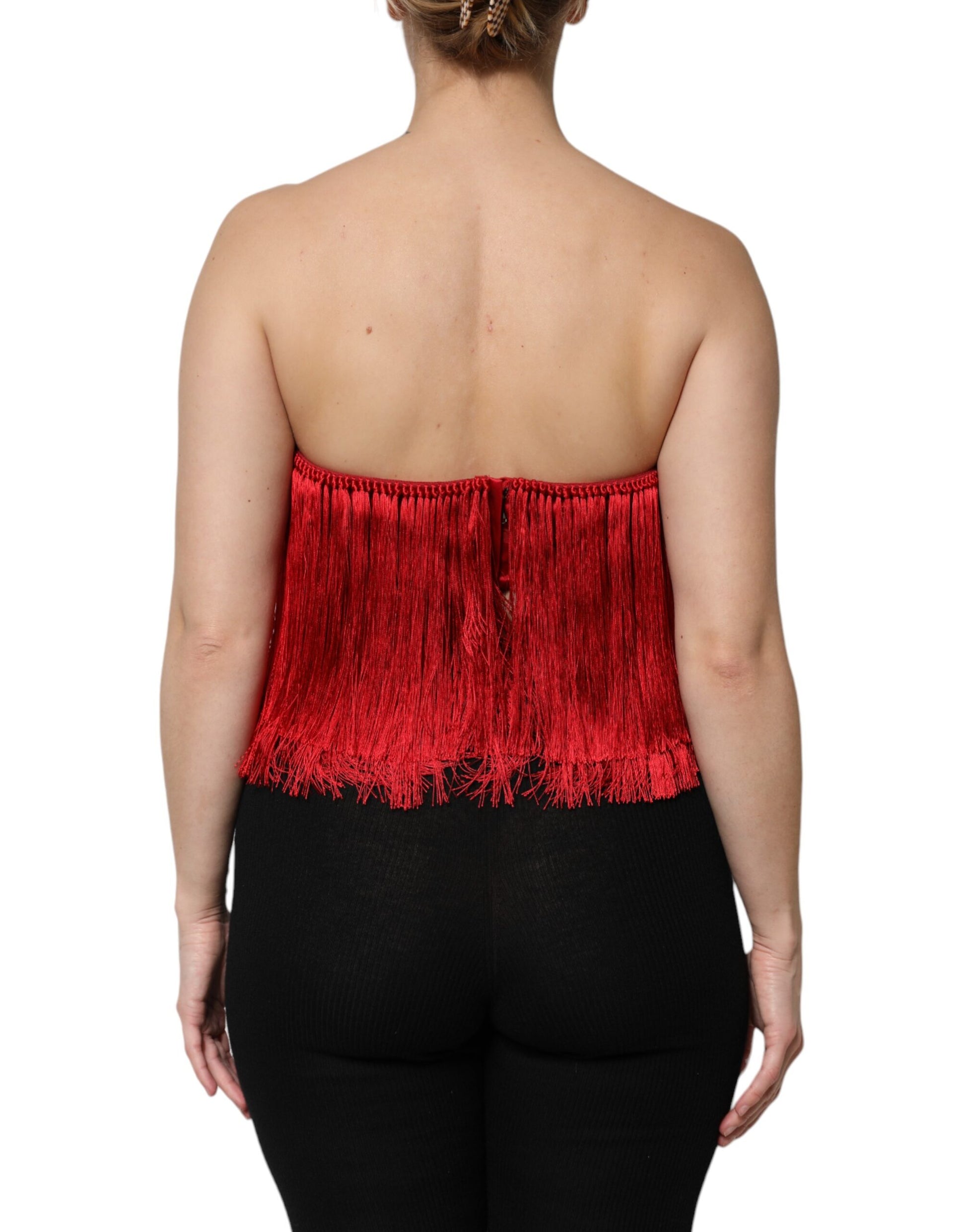 Dolce & Gabbana Red Silk Strapless Fringe Crop Tube Top by Dolce & Gabbana