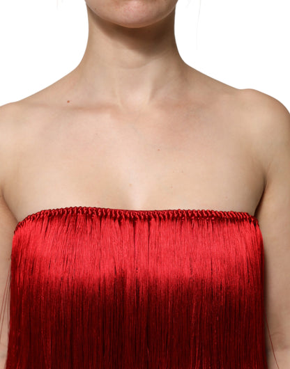 Dolce & Gabbana Red Silk Strapless Fringe Crop Tube Top by Dolce & Gabbana