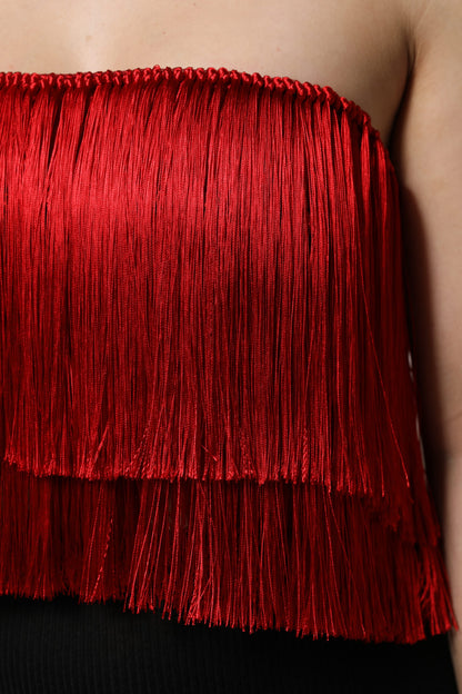 Dolce & Gabbana Red Silk Strapless Fringe Crop Tube Top by Dolce & Gabbana
