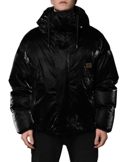 Dolce &amp; Gabbana Black Logo Full Zip Hooded Quilted Jacket