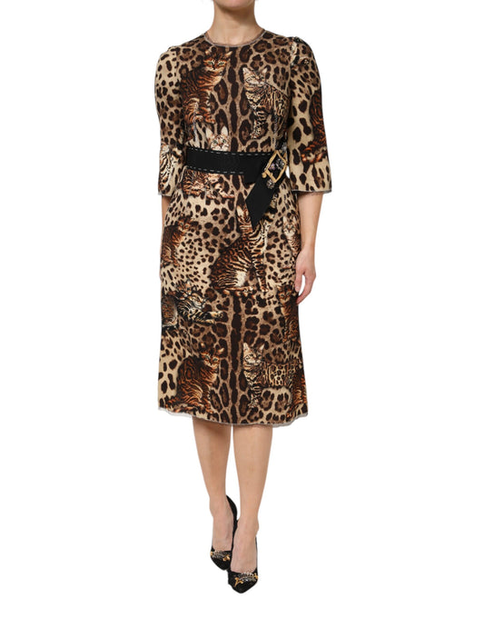 Dolce &amp; Gabbana Brown Leopard Print Belted A-line Midi Dress
