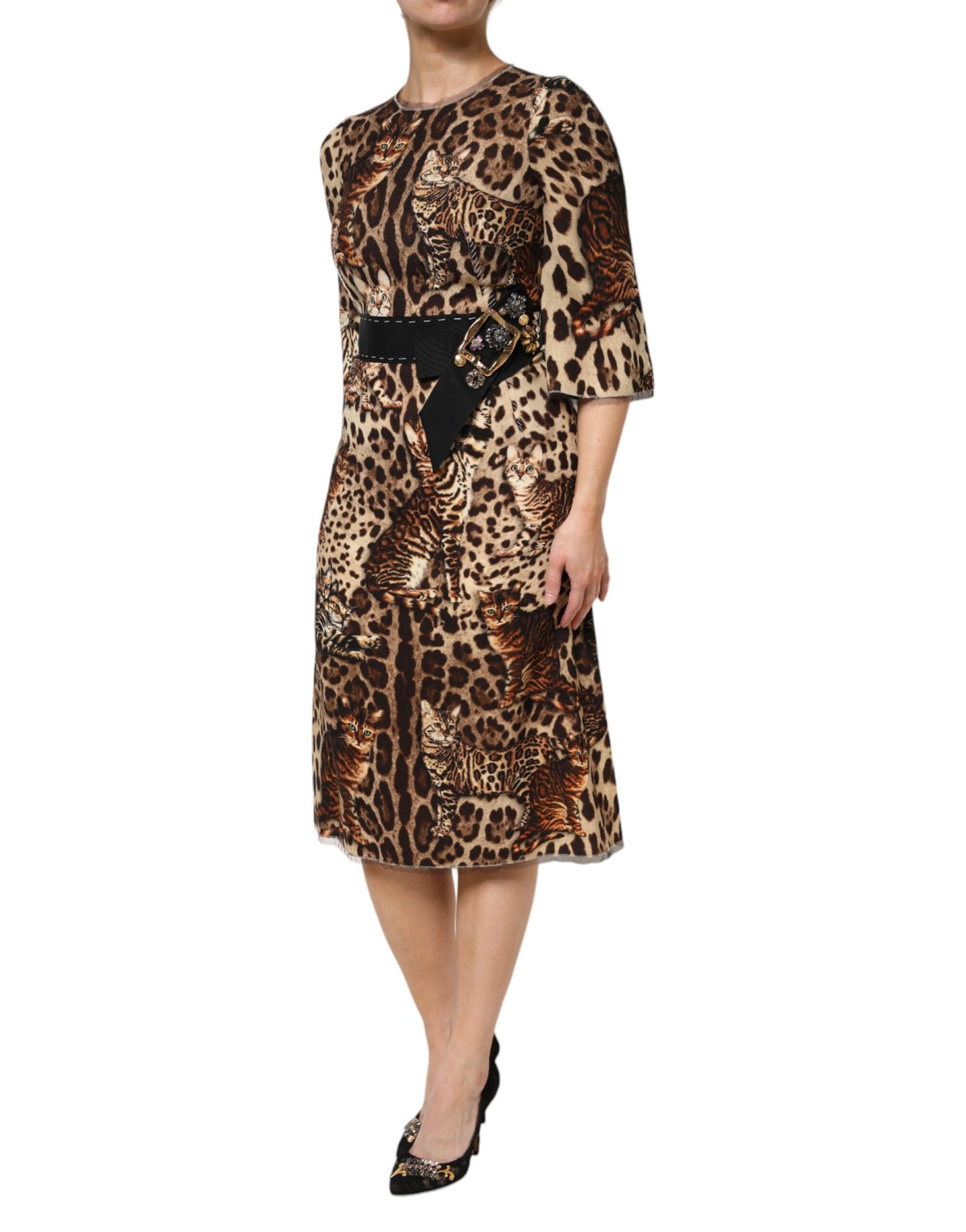 Dolce &amp; Gabbana Brown Leopard Print Belted A-line Midi Dress