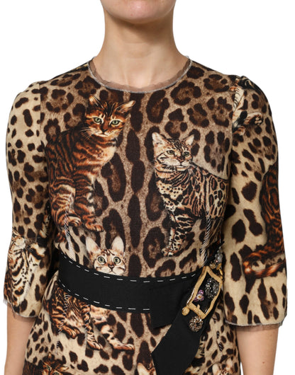 Dolce &amp; Gabbana Brown Leopard Print Belted A-line Midi Dress