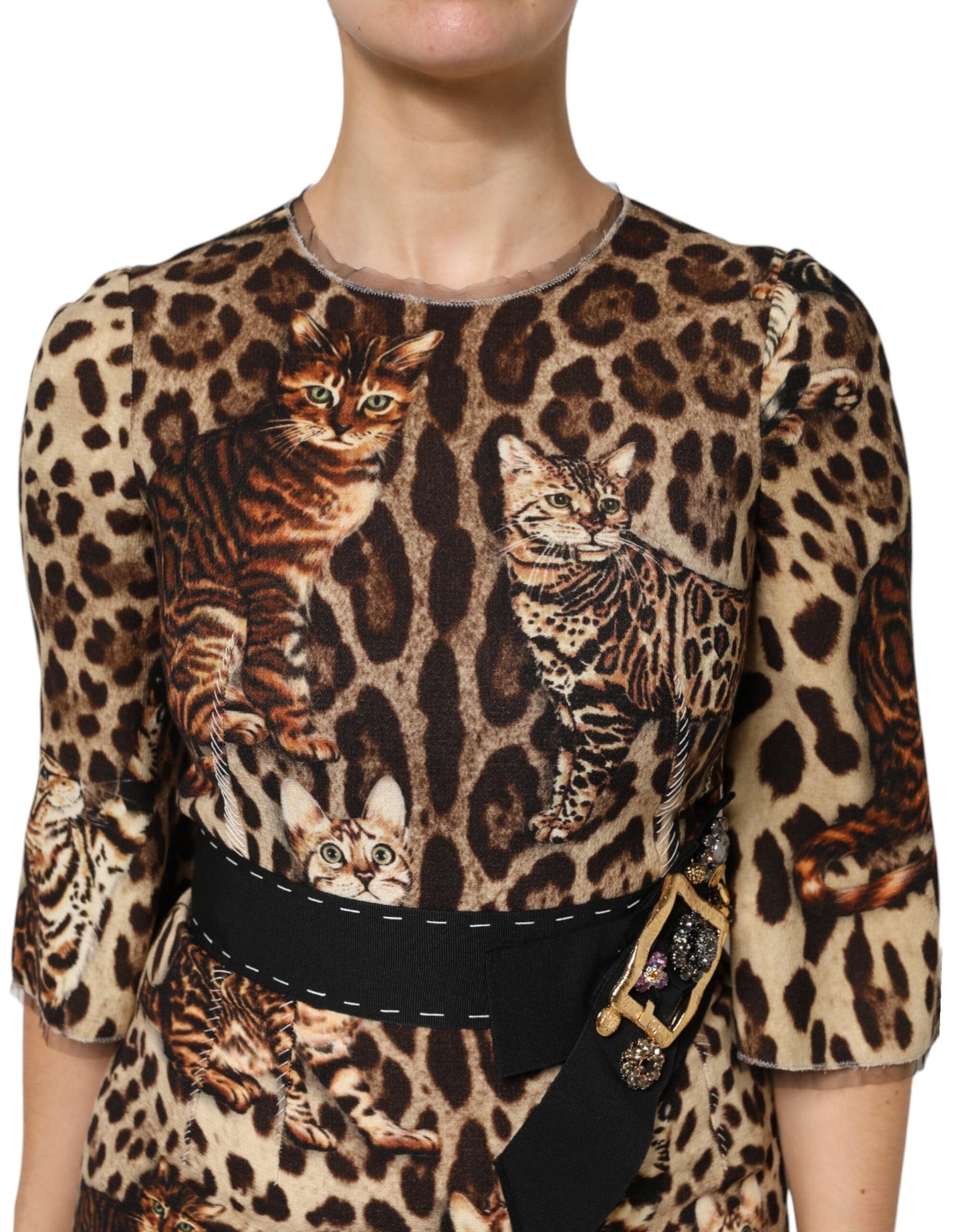 Dolce &amp; Gabbana Brown Leopard Print Belted A-line Midi Dress