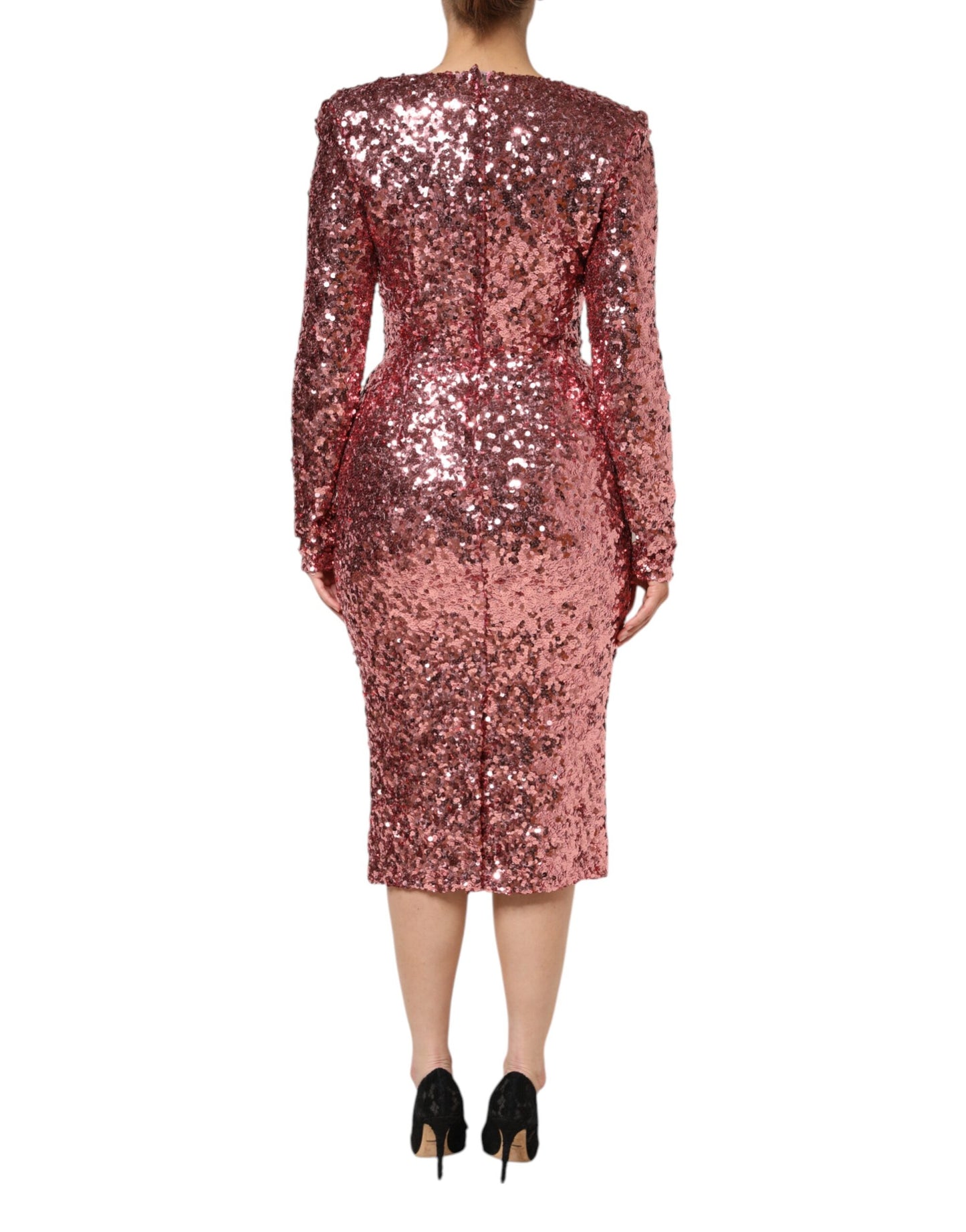Dolce &amp; Gabbana Pink Sequin Statement Nylon Midi V-Neck Dress