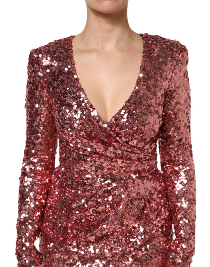 Dolce &amp; Gabbana Pink Sequin Statement Nylon Midi V-Neck Dress