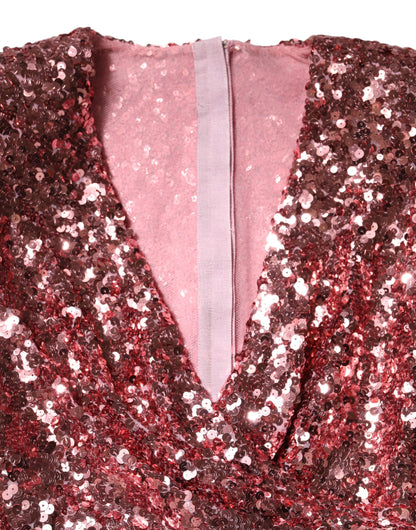 Dolce &amp; Gabbana Pink Sequin Statement Nylon Midi V-Neck Dress