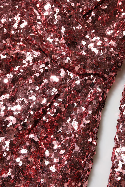 Dolce &amp; Gabbana Pink Sequin Statement Nylon Midi V-Neck Dress