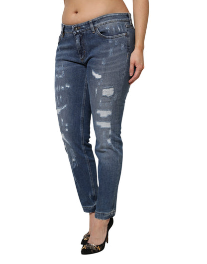 Dolce & Gabbana Blue Tattered Cotton Low Waist Denim Jeans by Dolce & Gabbana