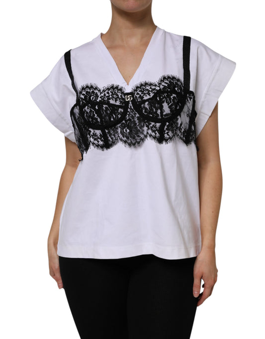 Dolce & Gabbana White Lace Cotton V-Neck Short Sleeves Top by Dolce & Gabbana