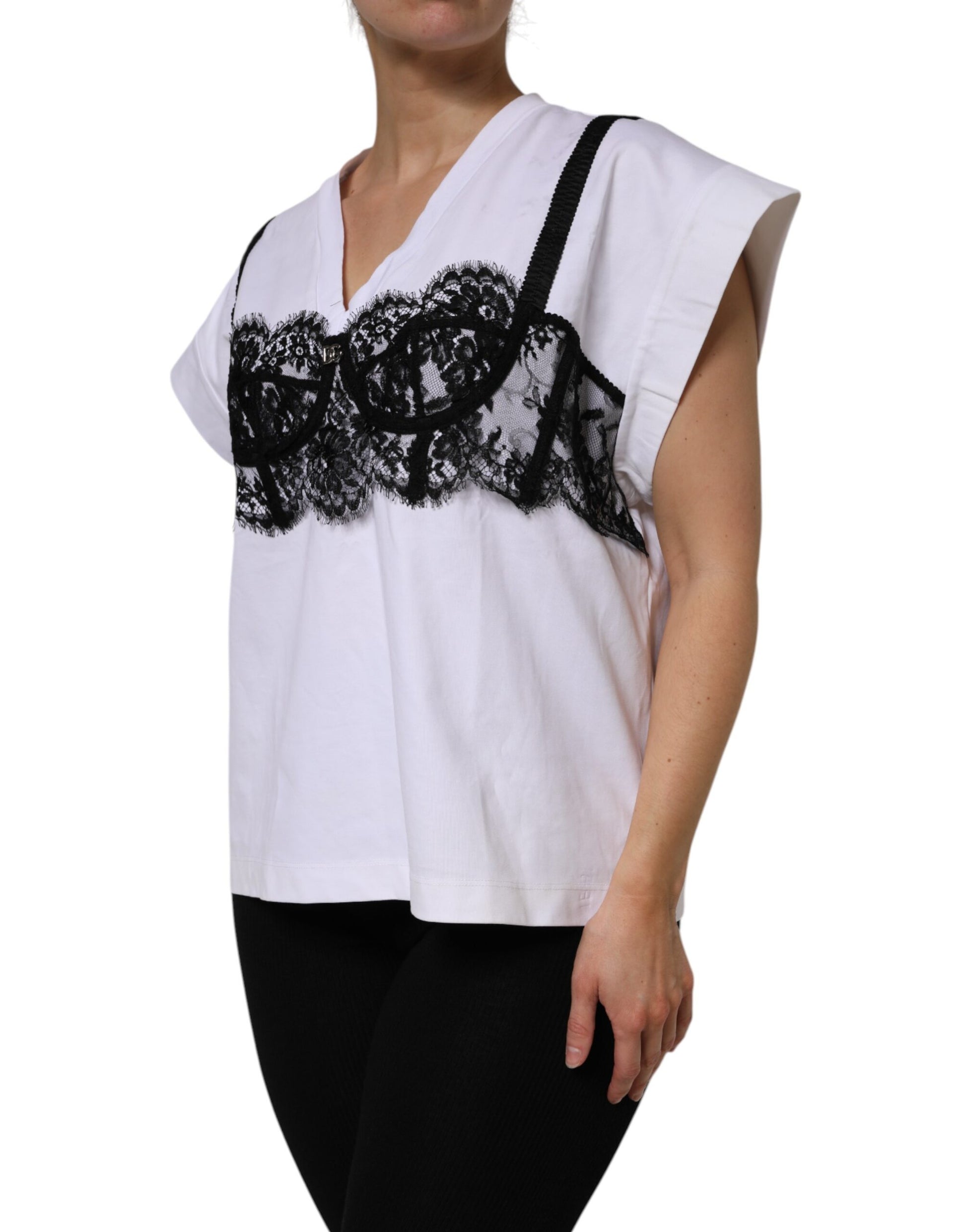 Dolce & Gabbana White Lace Cotton V-Neck Short Sleeves Top by Dolce & Gabbana