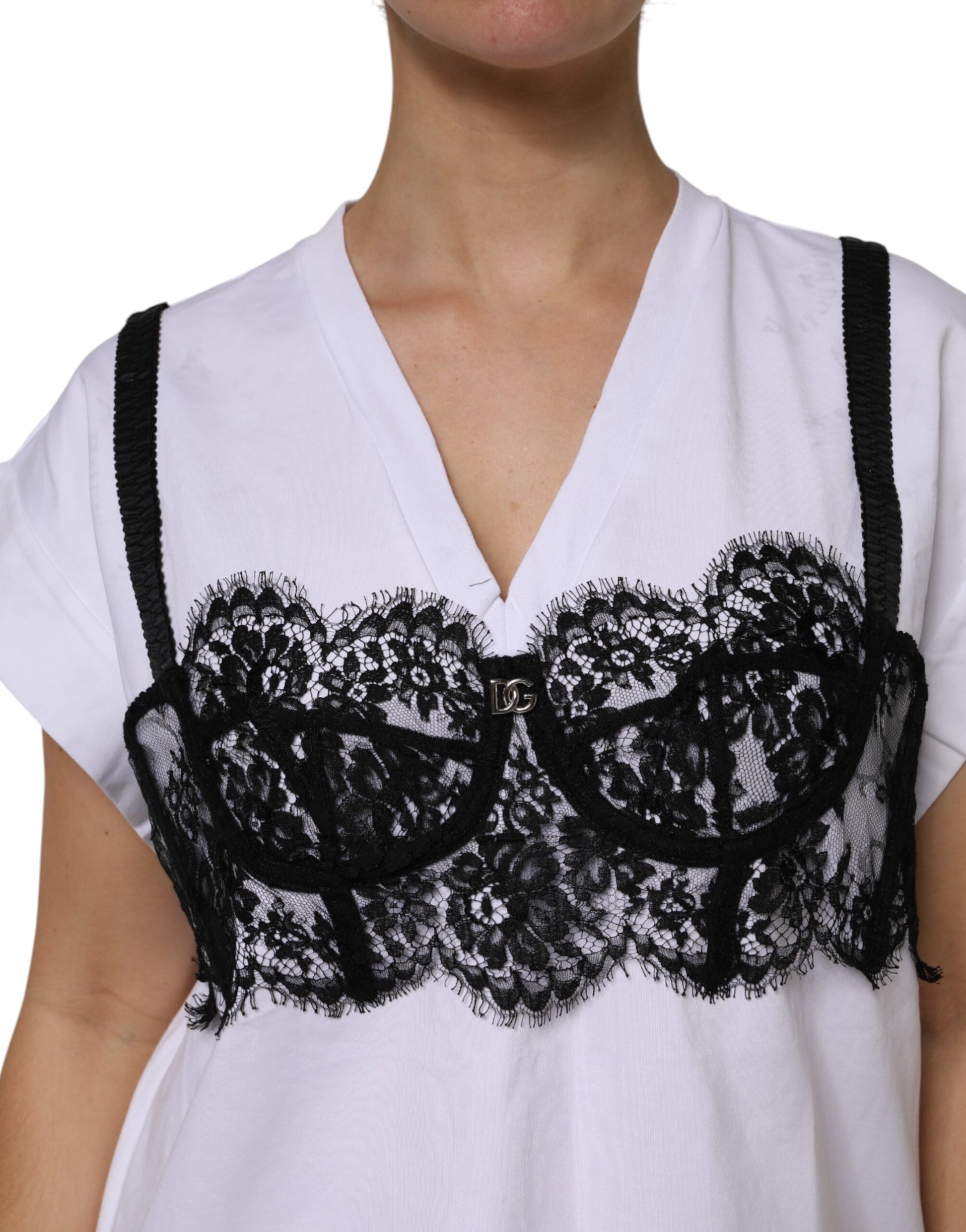 Dolce & Gabbana White Lace Cotton V-Neck Short Sleeves Top by Dolce & Gabbana
