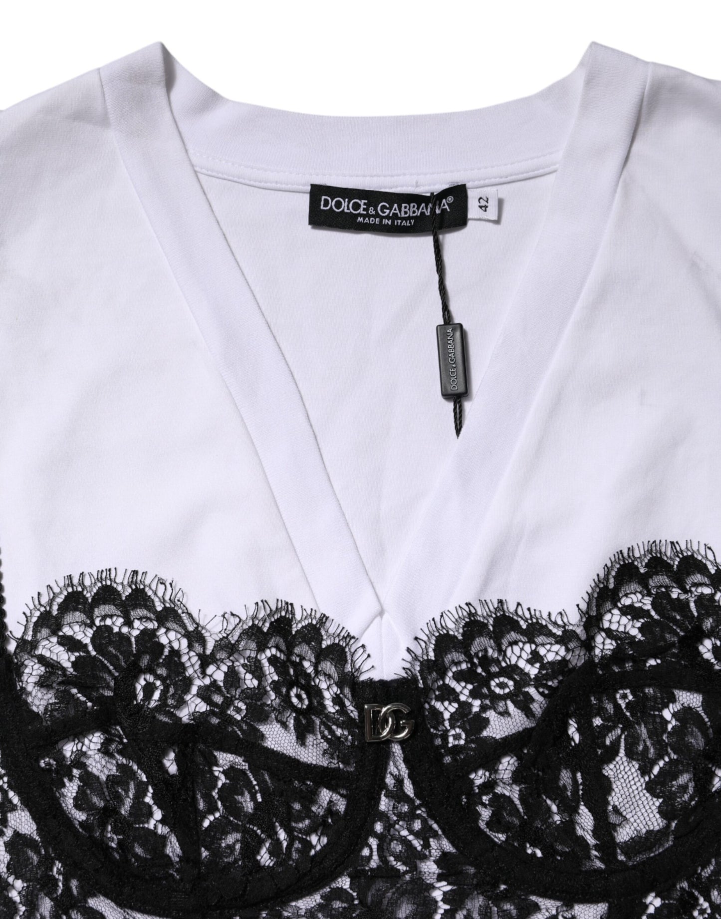Dolce & Gabbana White Lace Cotton V-Neck Short Sleeves Top by Dolce & Gabbana