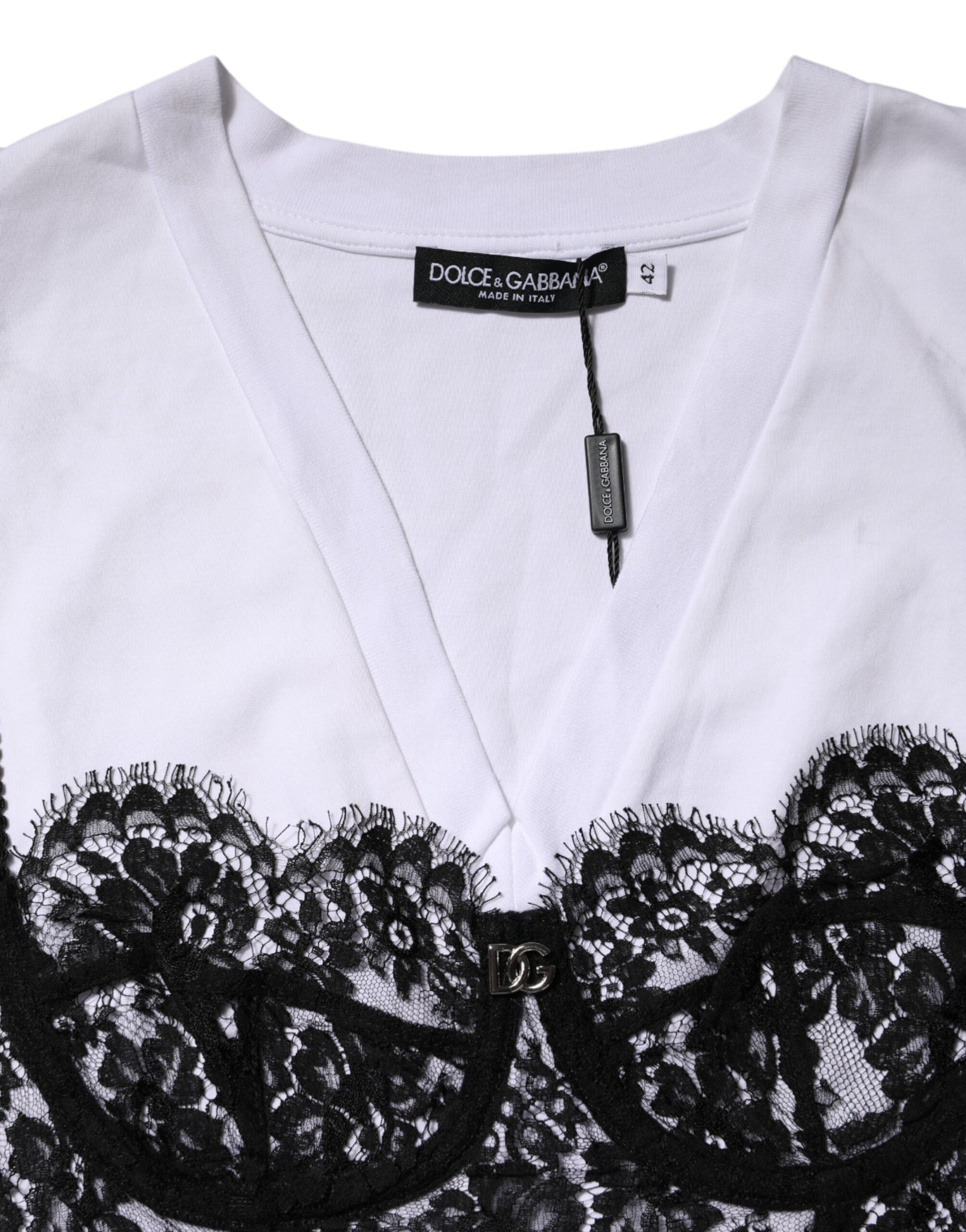 Dolce & Gabbana White Lace Cotton V-Neck Short Sleeves Top by Dolce & Gabbana