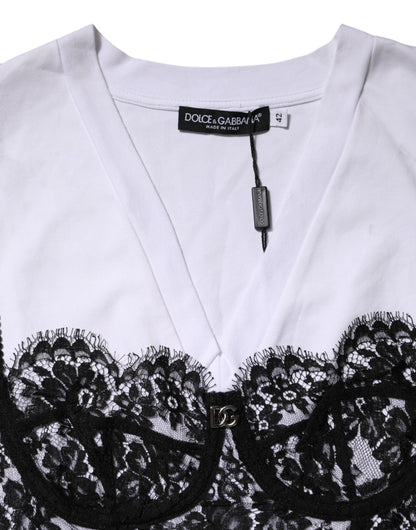 Dolce & Gabbana White Lace Cotton V-Neck Short Sleeves Top by Dolce & Gabbana