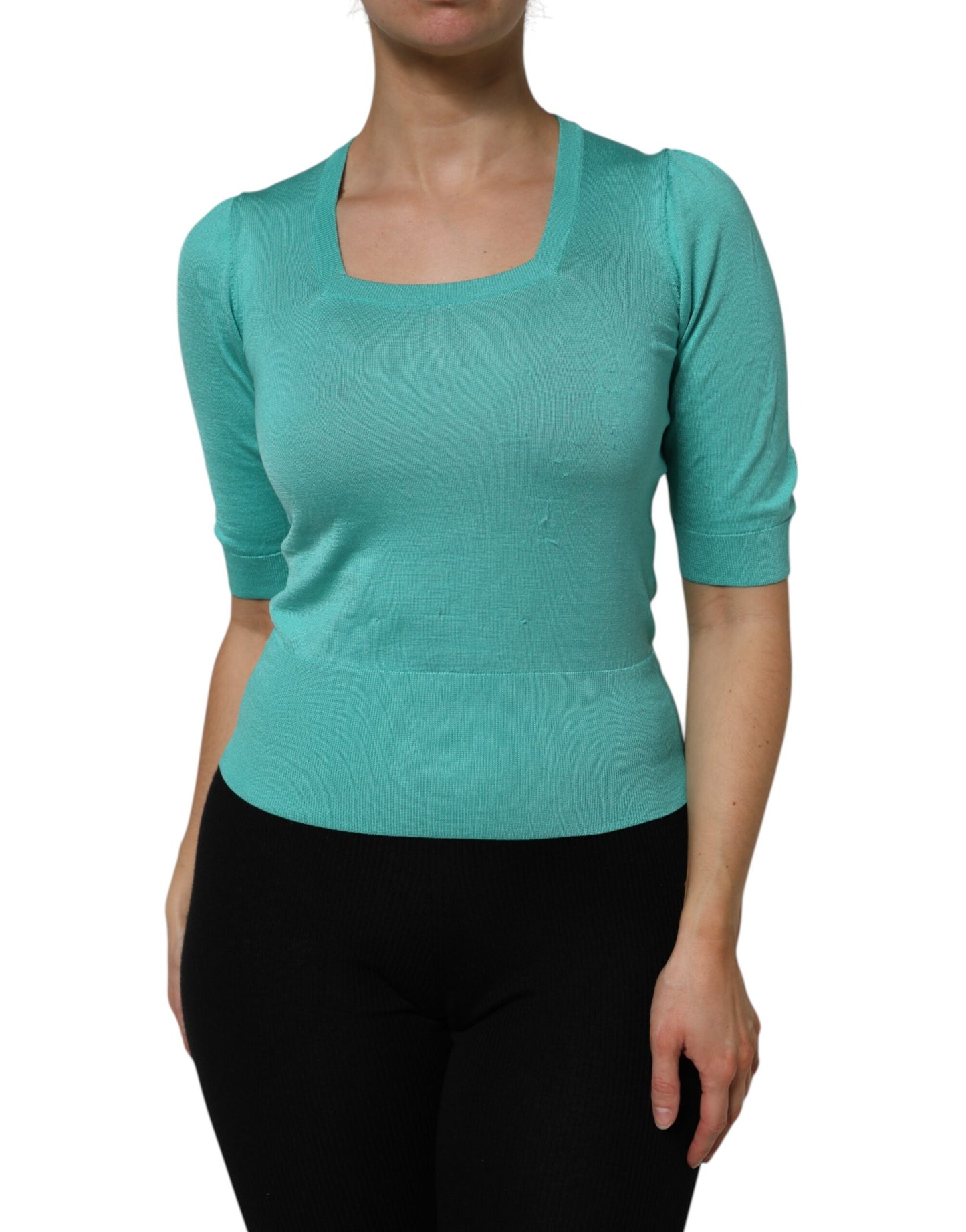 Dolce & Gabbana Aqua Blue Silk Short Sleeves Square Neck Top by Dolce & Gabbana