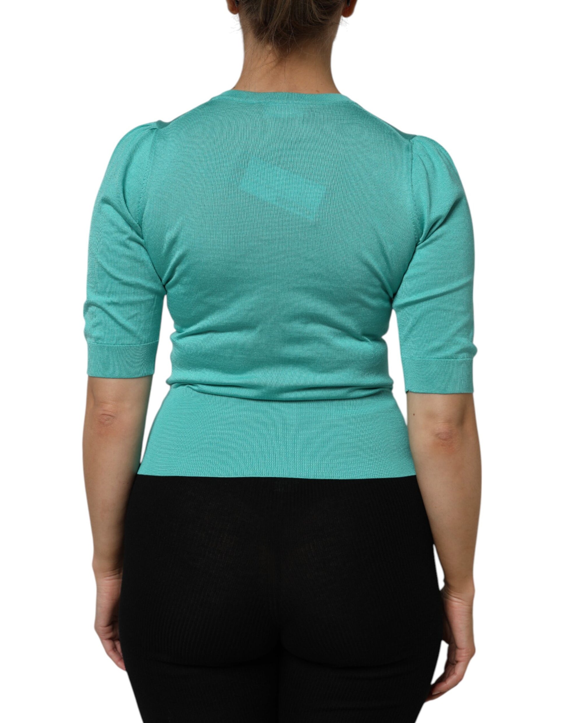 Dolce & Gabbana Aqua Blue Silk Short Sleeves Square Neck Top by Dolce & Gabbana