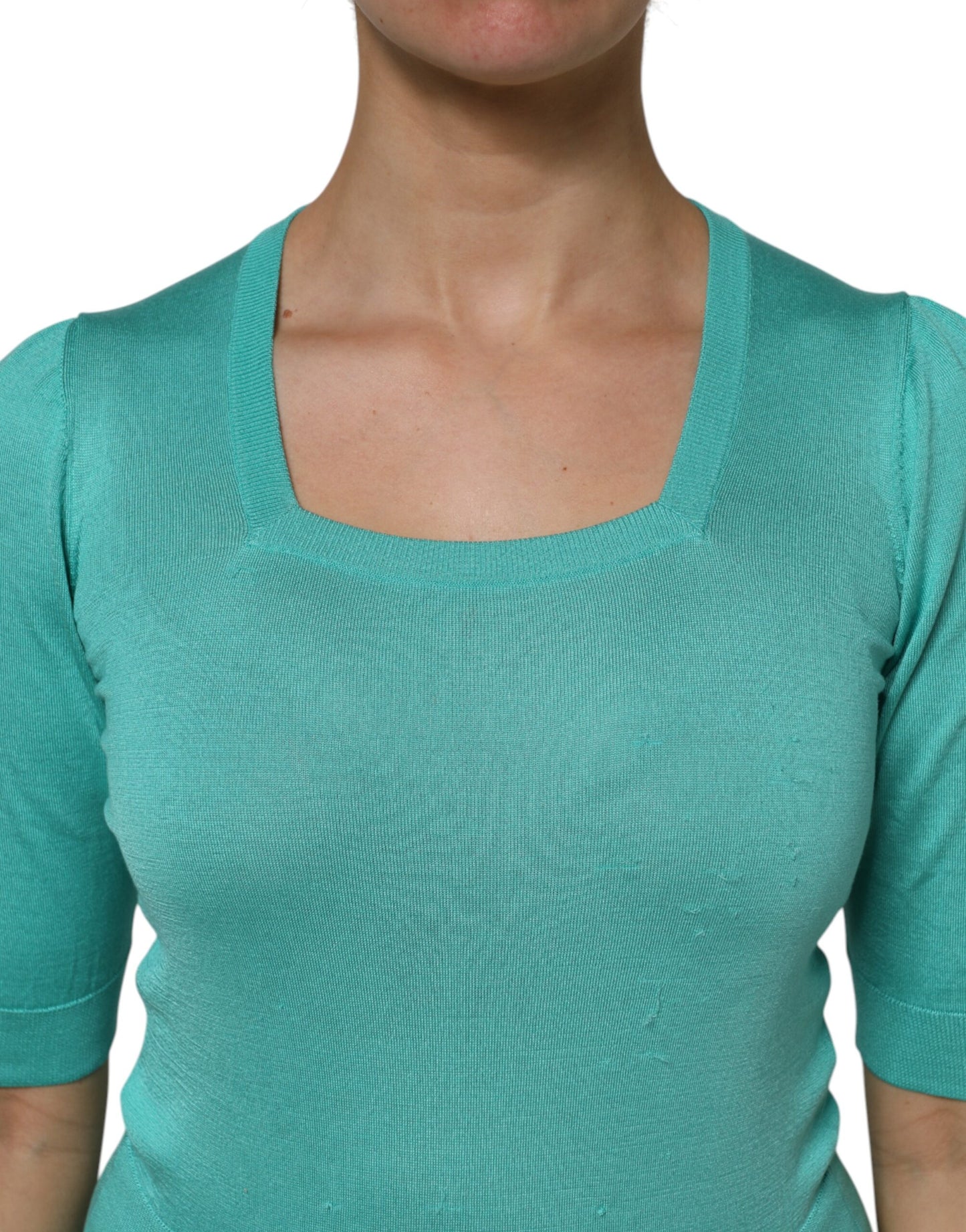 Dolce & Gabbana Aqua Blue Silk Short Sleeves Square Neck Top by Dolce & Gabbana
