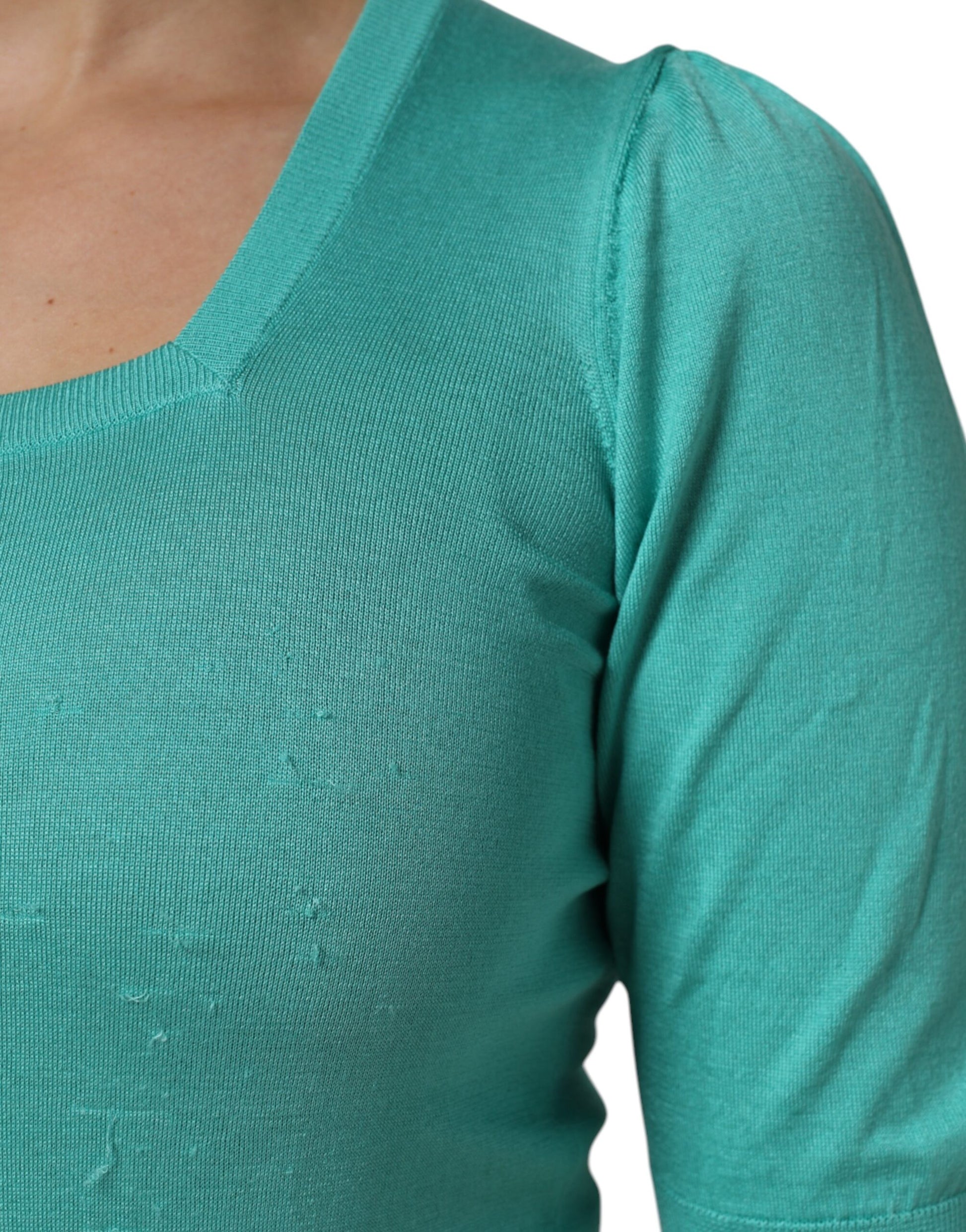 Dolce & Gabbana Aqua Blue Silk Short Sleeves Square Neck Top by Dolce & Gabbana