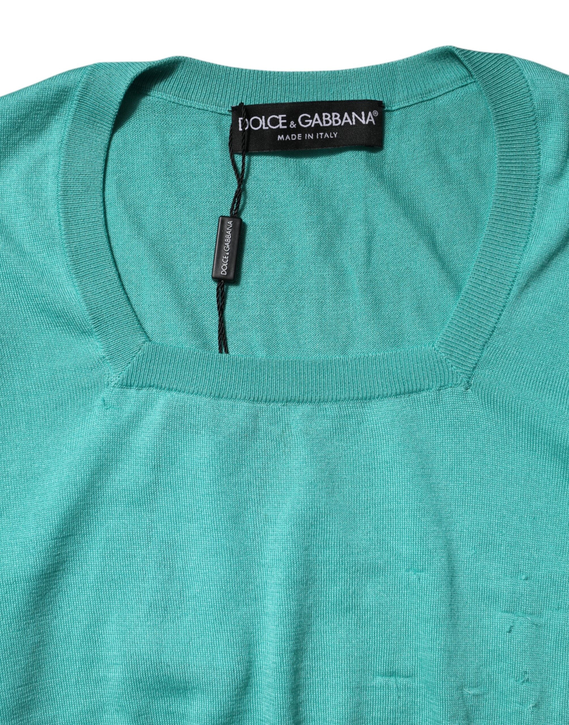 Dolce & Gabbana Aqua Blue Silk Short Sleeves Square Neck Top by Dolce & Gabbana