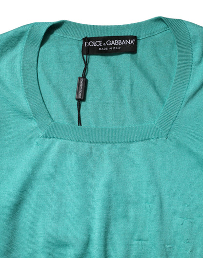 Dolce & Gabbana Aqua Blue Silk Short Sleeves Square Neck Top by Dolce & Gabbana