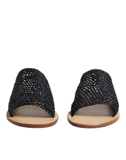 Dolce &amp; Gabbana Black Monochrome Braided Raffia Slides Shoes