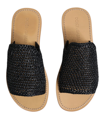 Dolce &amp; Gabbana Black Monochrome Braided Raffia Slides Shoes