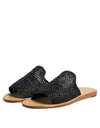 Dolce &amp; Gabbana Black Monochrome Braided Raffia Slides Shoes