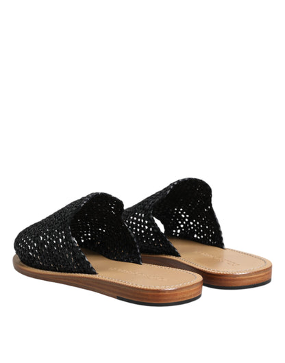 Dolce &amp; Gabbana Black Monochrome Braided Raffia Slides Shoes