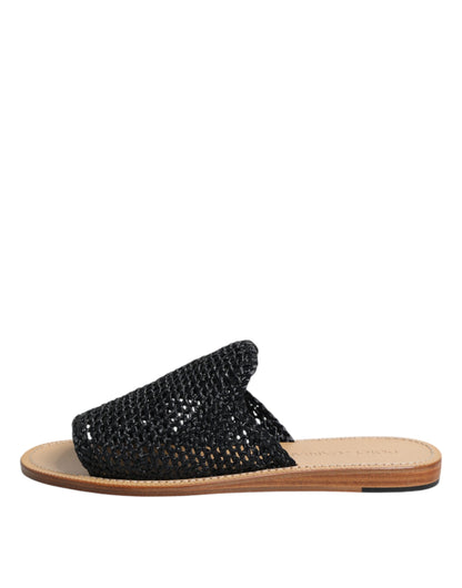 Dolce &amp; Gabbana Black Monochrome Braided Raffia Slides Shoes