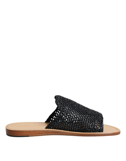 Dolce &amp; Gabbana Black Monochrome Braided Raffia Slides Shoes