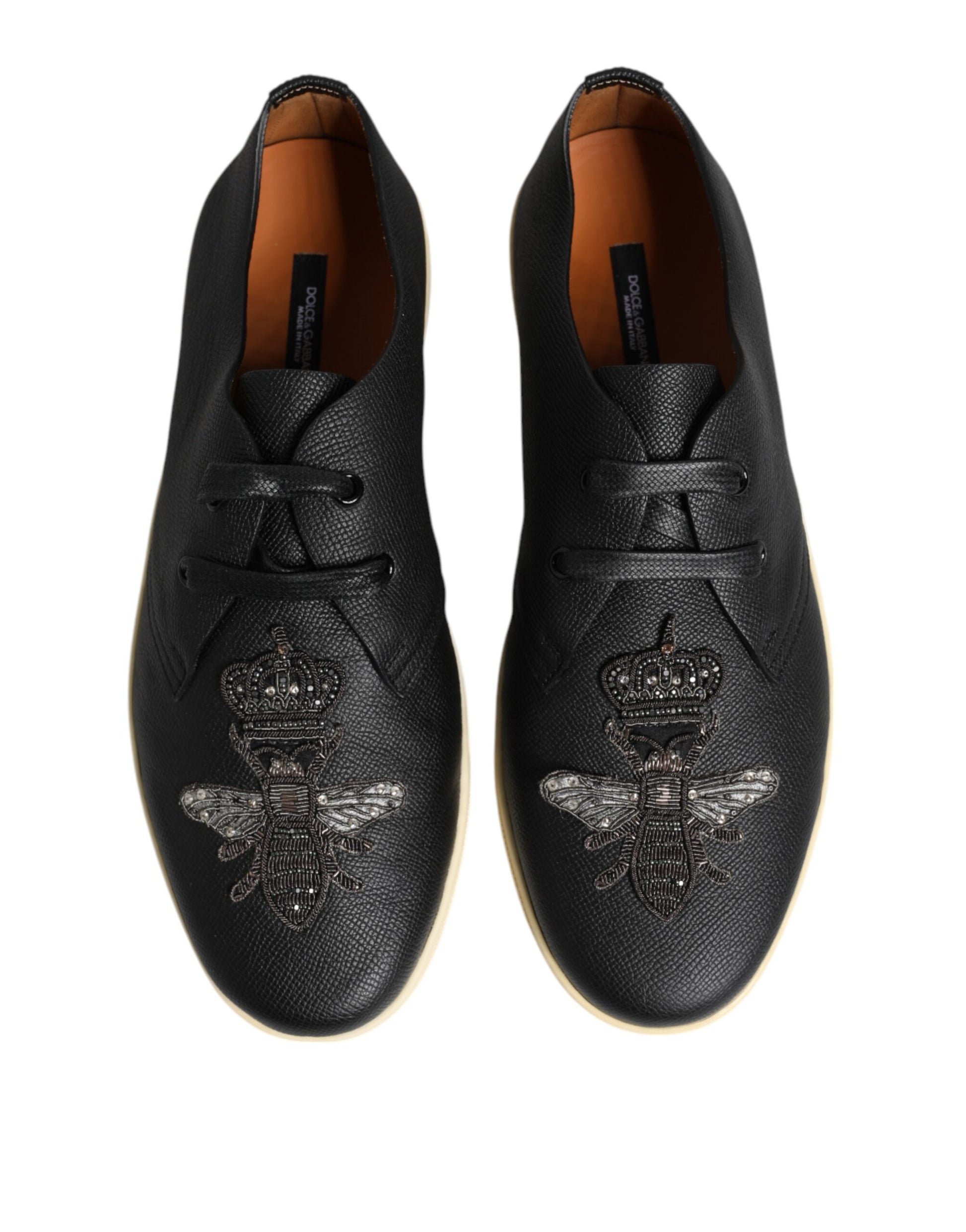 Dolce & Gabbana Black Leather Bee Crown Low Top Sneakers Shoes by Dolce & Gabbana