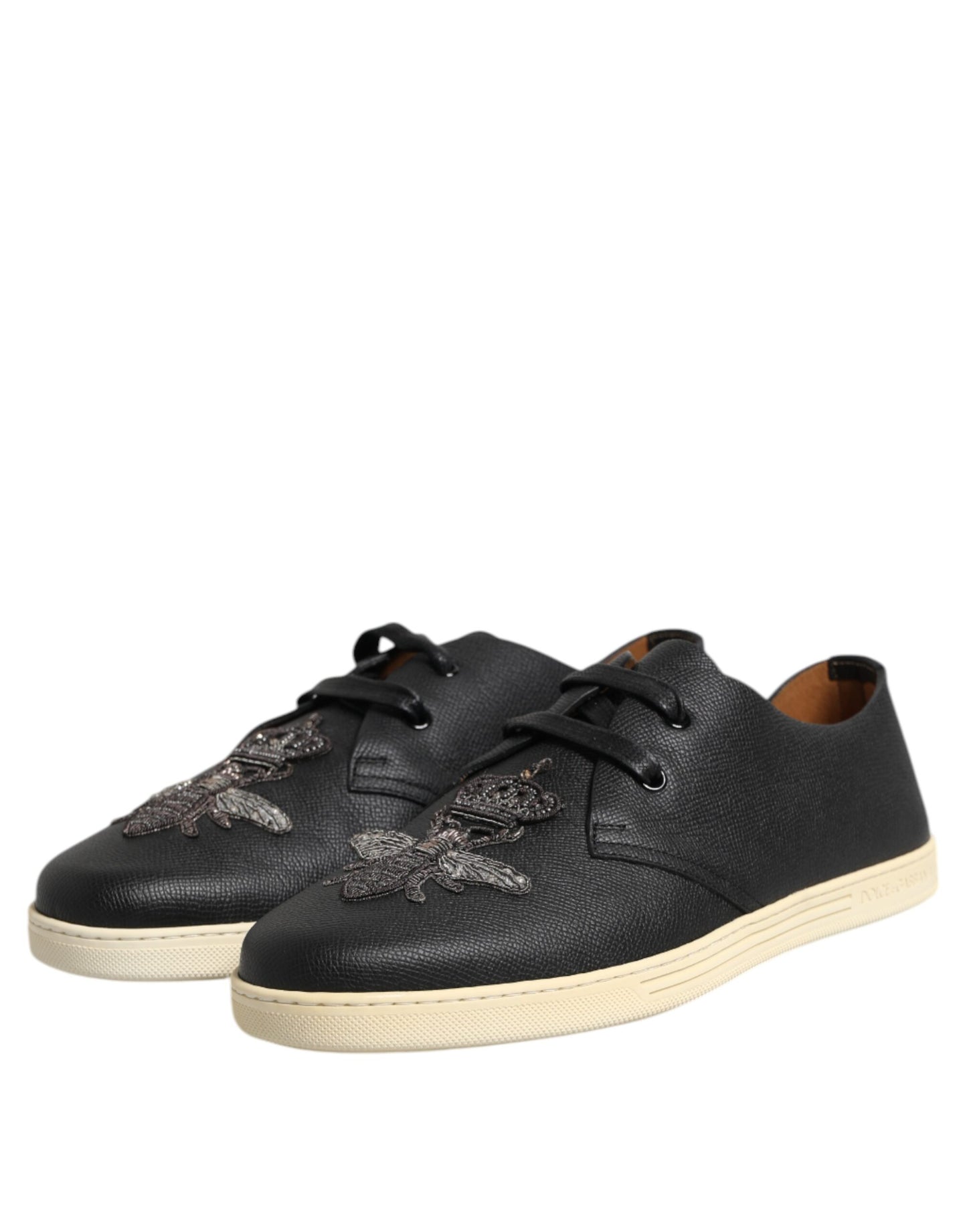 Dolce & Gabbana Black Leather Bee Crown Low Top Sneakers Shoes by Dolce & Gabbana
