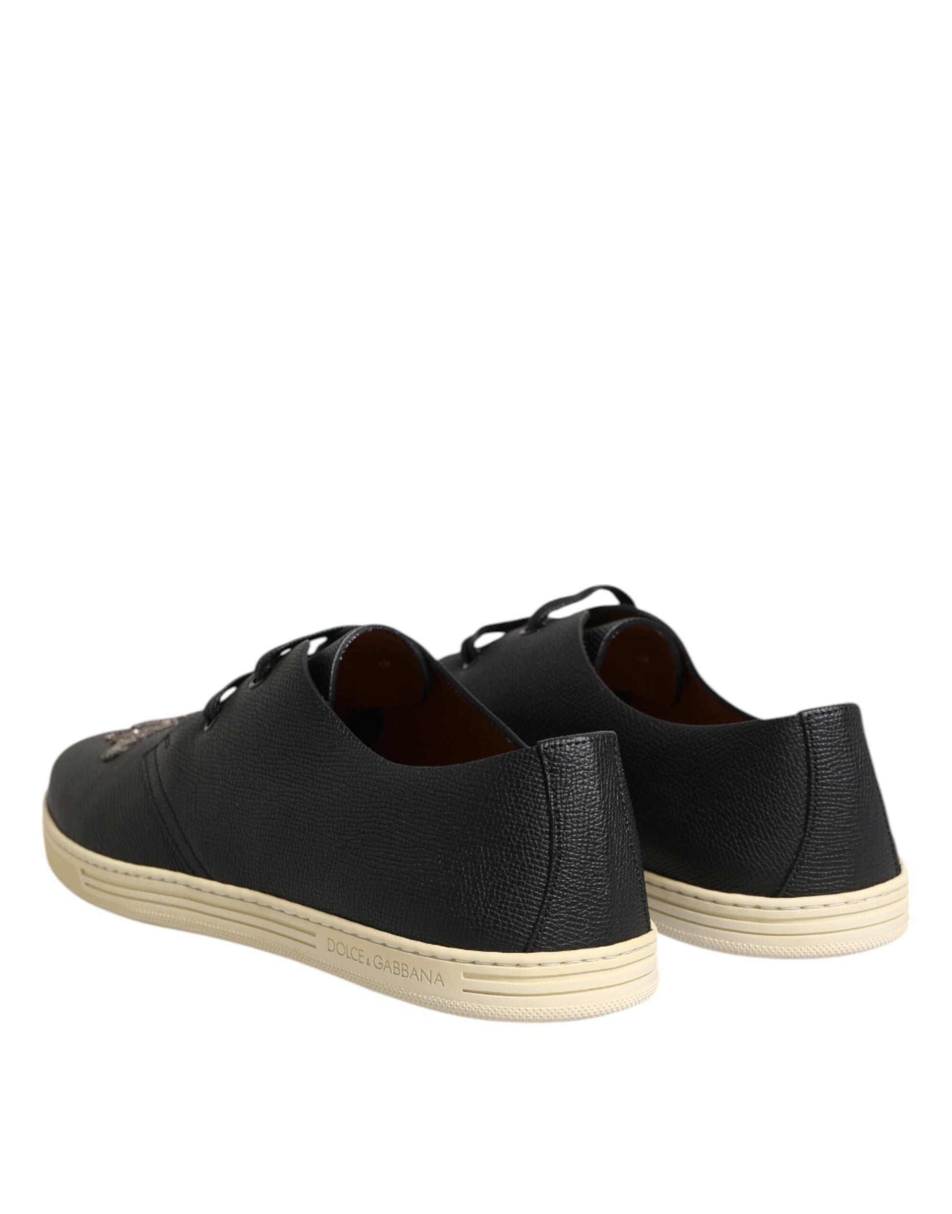 Dolce & Gabbana Black Leather Bee Crown Low Top Sneakers Shoes by Dolce & Gabbana