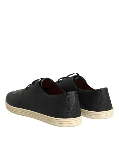 Dolce & Gabbana Black Leather Bee Crown Low Top Sneakers Shoes by Dolce & Gabbana