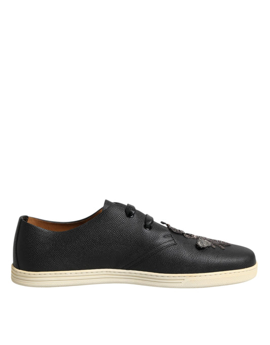 Dolce & Gabbana Black Leather Bee Crown Low Top Sneakers Shoes by Dolce & Gabbana
