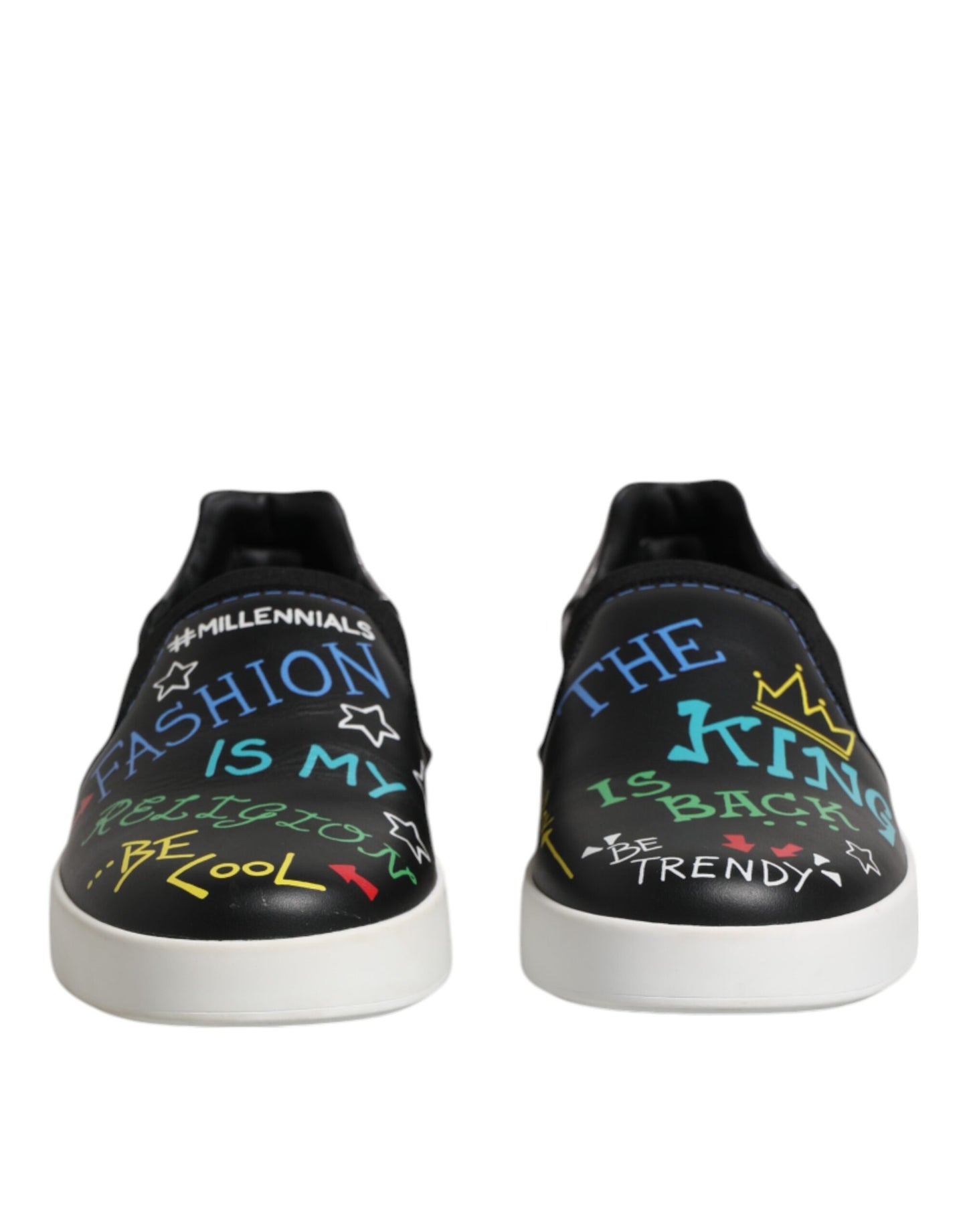 Dolce & Gabbana Black Leather Studded Graffiti Sneakers Shoes by Dolce & Gabbana