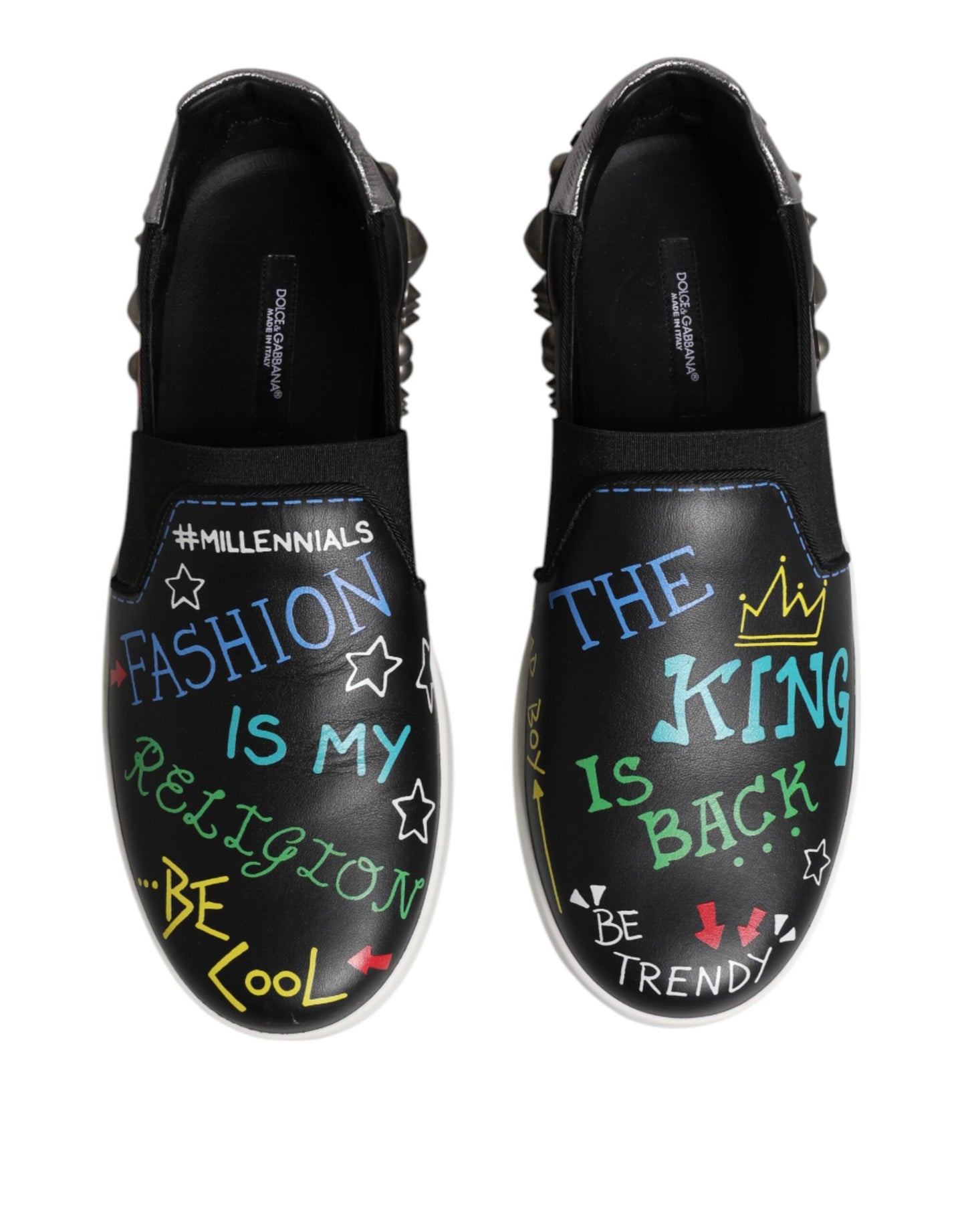 Dolce & Gabbana Black Leather Studded Graffiti Sneakers Shoes by Dolce & Gabbana