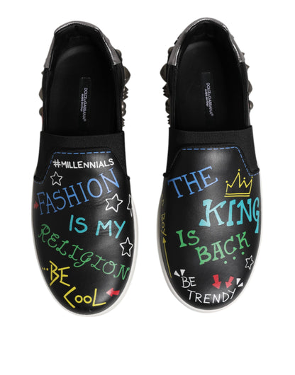 Dolce & Gabbana Black Leather Studded Graffiti Sneakers Shoes by Dolce & Gabbana