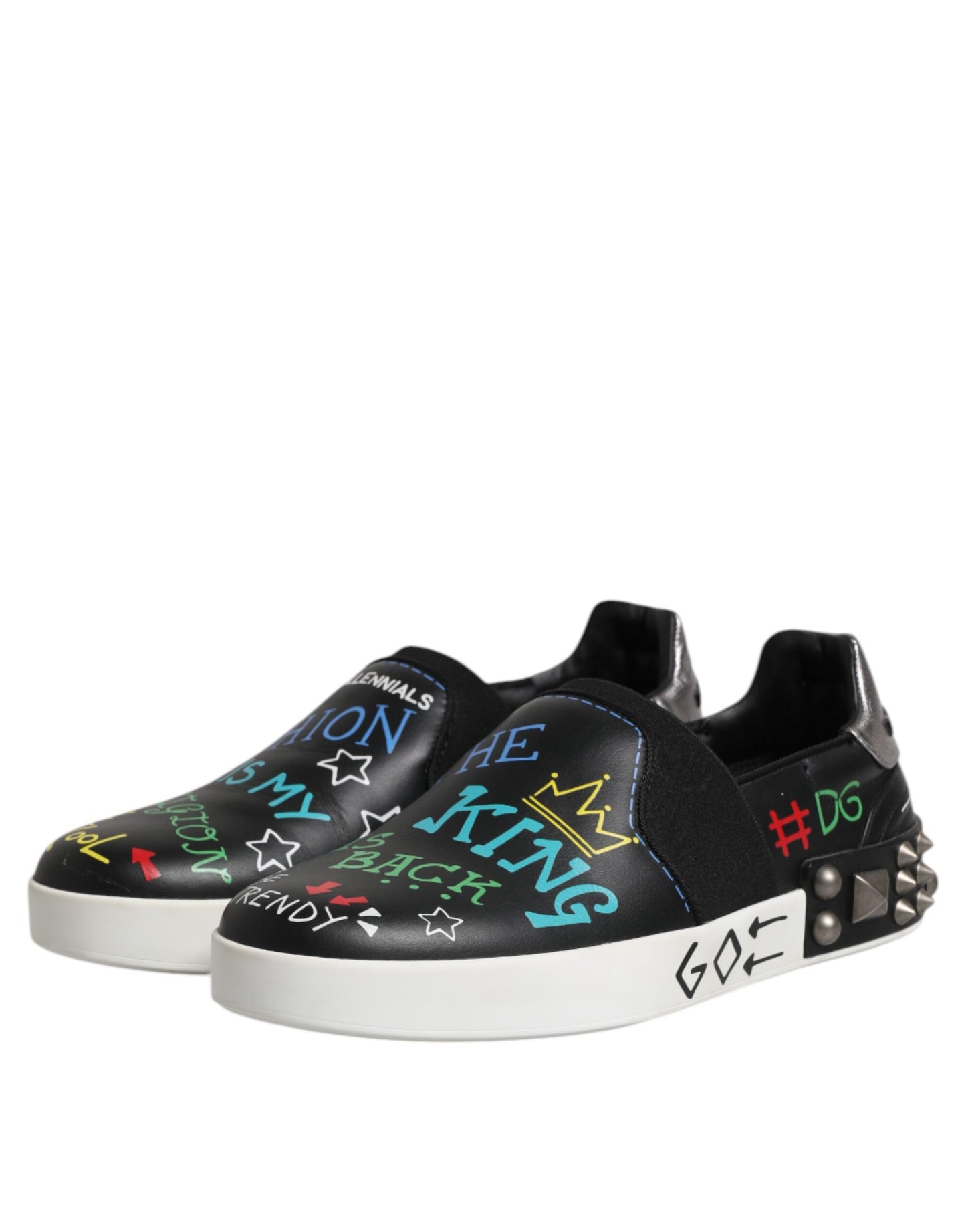 Dolce & Gabbana Black Leather Studded Graffiti Sneakers Shoes by Dolce & Gabbana