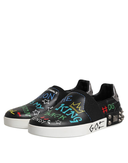 Dolce & Gabbana Black Leather Studded Graffiti Sneakers Shoes by Dolce & Gabbana