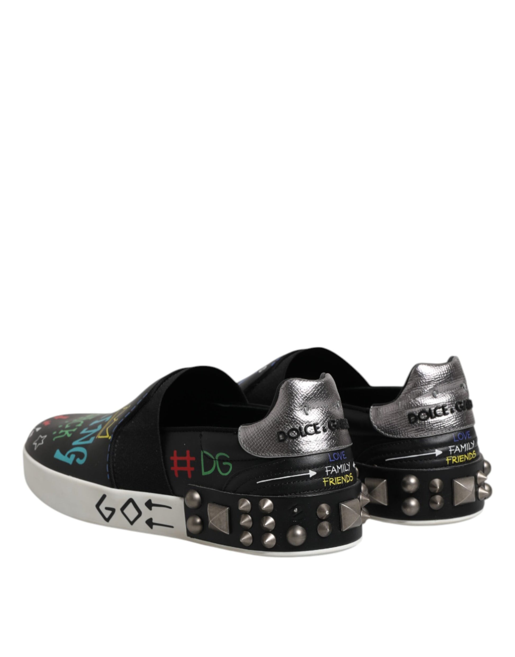 Dolce & Gabbana Black Leather Studded Graffiti Sneakers Shoes by Dolce & Gabbana