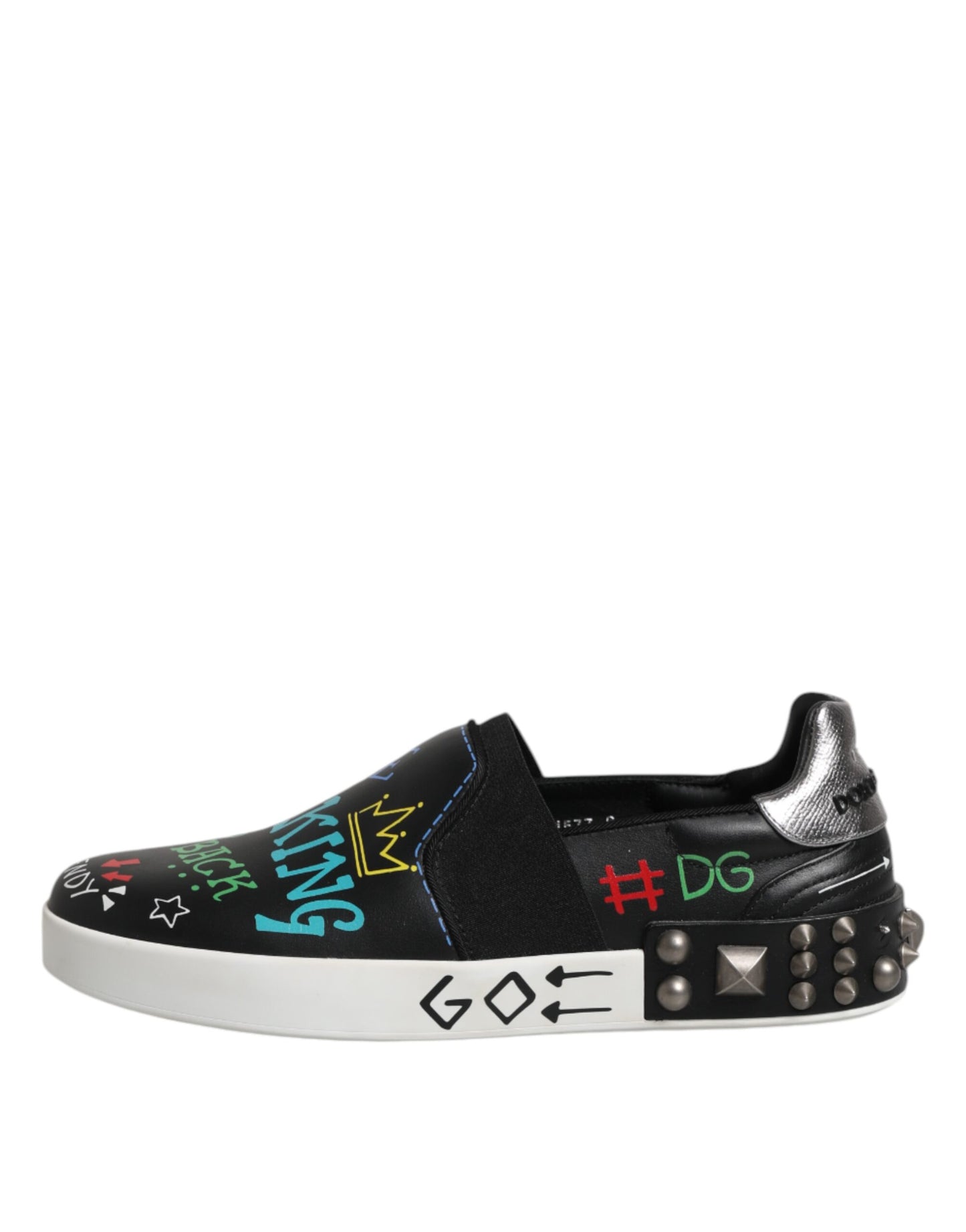 Dolce & Gabbana Black Leather Studded Graffiti Sneakers Shoes by Dolce & Gabbana