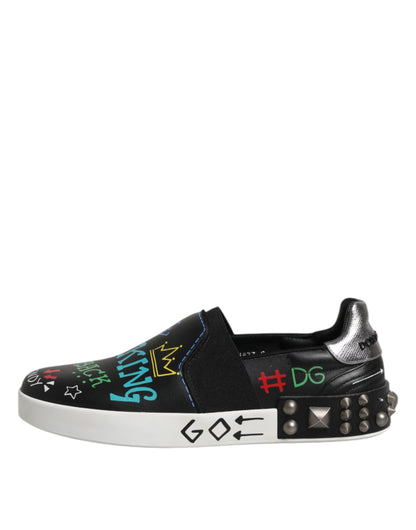 Dolce & Gabbana Black Leather Studded Graffiti Sneakers Shoes by Dolce & Gabbana