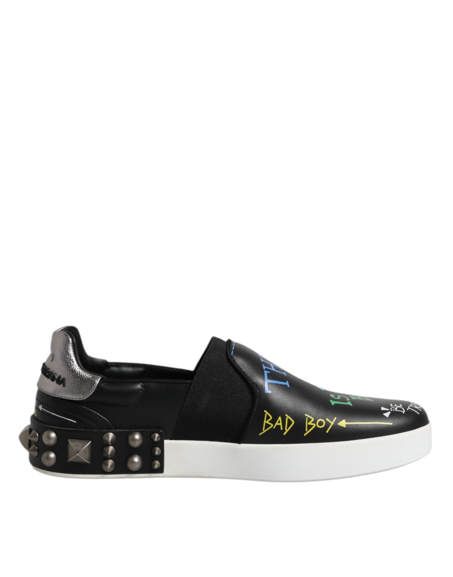 Dolce & Gabbana Black Leather Studded Graffiti Sneakers Shoes by Dolce & Gabbana