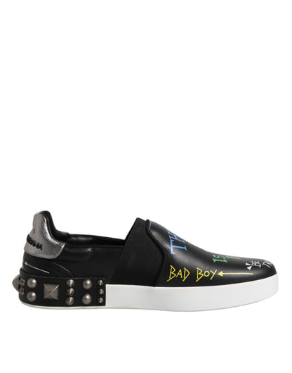 Dolce & Gabbana Black Leather Studded Graffiti Sneakers Shoes by Dolce & Gabbana